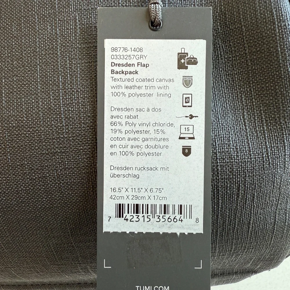 Brand new TUMI GRY DRESDEN FLAP BACKPACk - Ashton Collection - Picture 4 of 10